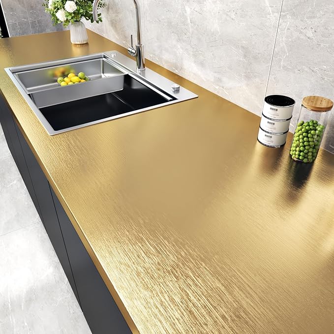 WESTICK Large Gold Peel and Stick Wallpaper Removable Golden Refrigerator Wrap Textured Gold Countertop Contact Paper Waterproof Stainless Steel Fridge Wraps Vinyl for Appliances Cabinets 24" x 394" by WESTICK