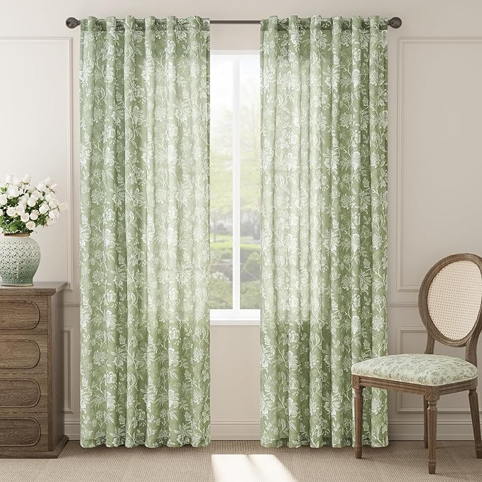 jinchan Linen Floral Curtains for Living Room with Printed Flower 84 Inches Long Light Filtering French Country Back Tab Rod Pocket Sage Green Window Curtain Set Farmhouse Drapes 2 Panels by JINCHAN
