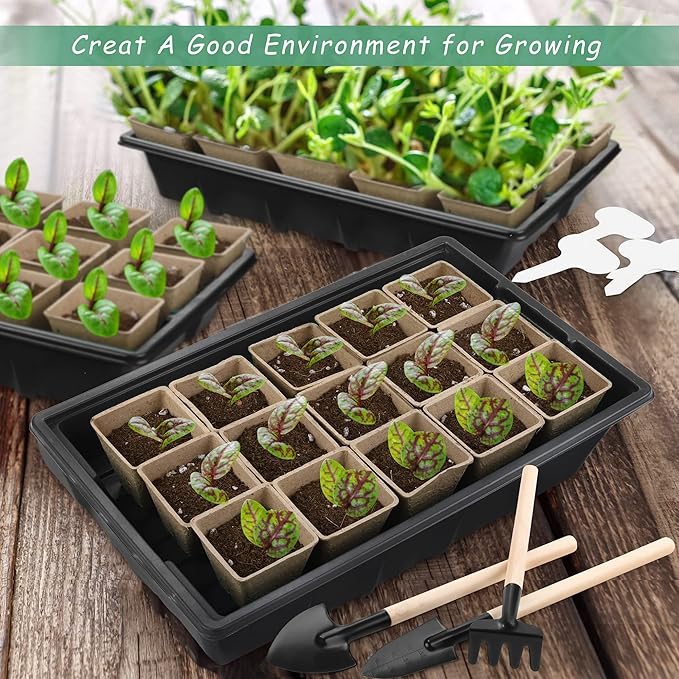4 Pack Seed Starter Tray Kit, 120 Square Seed Peat Pots for Seedlings with Plants Labels, Planting Tools, Plastic Growing Germination Trays with Lids for Indoor Outdoor Gardening, Black - Image 6