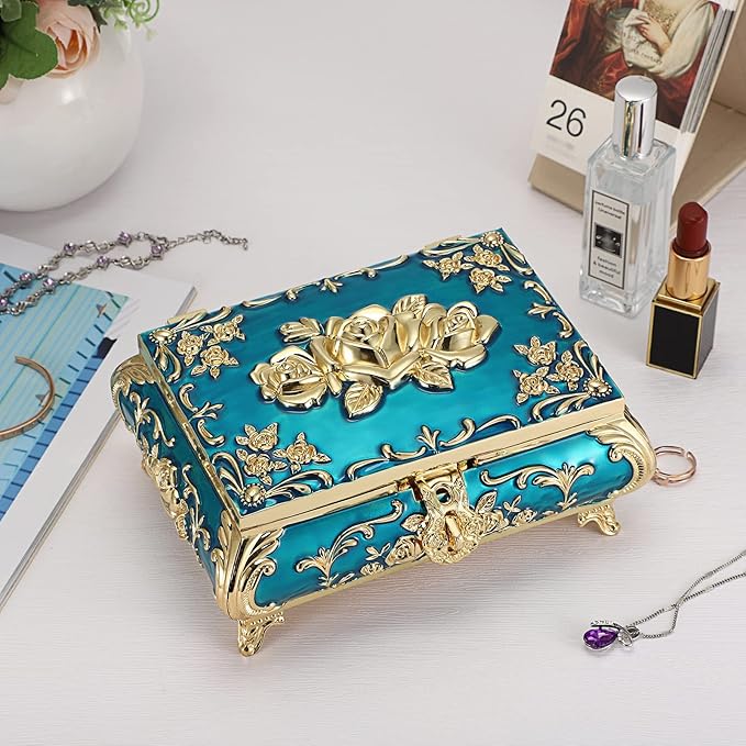 Hipiwe Metal Decorative Jewelry Box Vintage Treasure Chest Case Ornate Trinket Organizer Earrings Necklace Bracelet Storage Box Ring Holder Keepsake Box for Women - Image 2