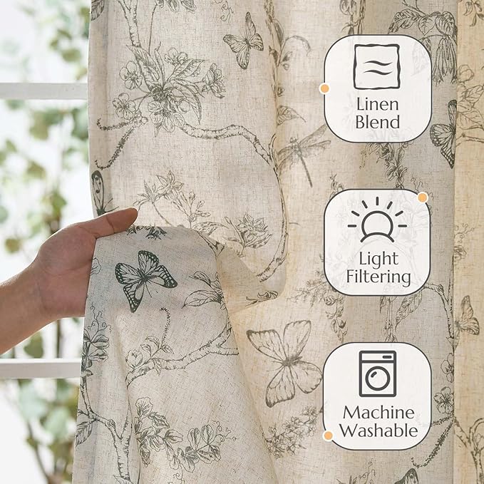 jinchan Floral Curtains Lined Linen Blend Curtain for Living Room 96 Inch Length Grey Flower Farmhouse Curtains French Country Gray Patterned Curtain Drapes Back Tab Rod Pocket 2 Panels - Image 2