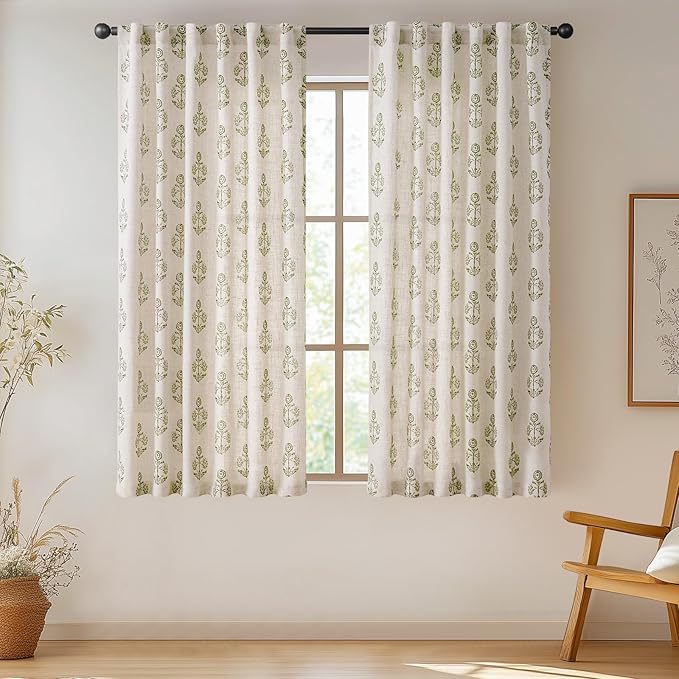 jinchan Linen Floral Curtains for Living Room 63 Inch Length Green Flower Cottage Core Farmhouse Curtains Rod Pocket Back Tab Boho Semi Sheer Window Drapes Bedroom Set 2 Panels Green on Beige - Image 2