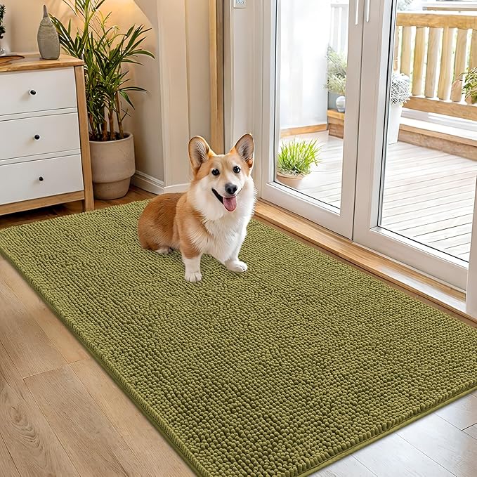 OLANLY Dog Door Mat for Muddy Paws 54x32, Absorbs Moisture and Dirt, Absorbent Non-Slip Washable Doormat, Quick Dry Chenille Mud Mat, Entry Indoor Entryway Carpet for Inside Floor, Willow Green by OLANLY