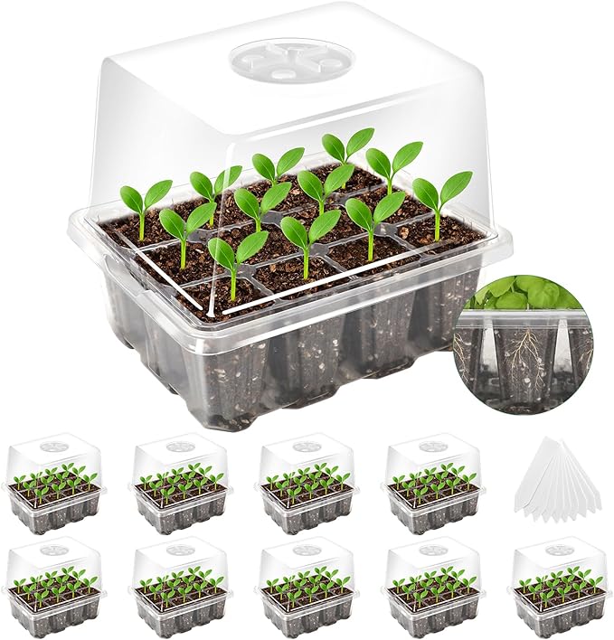 MIXC Seed Starter Tray with Elevated Lid, 120 Cells Seed Starter Kit with Adjustable Humidity Dome, Drainage Hole, Clear Heightened Lids for Indoor Outdoor Greenhouse Gardens, 10 Pack, Transparent by MIXC