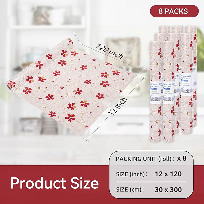 FIFTY FEET 12"x120" Non-Adhesive Shelf Liner for Kitchen Cabinets and Drawers, Washable Non-Slip PVC Cabinet Liner (Red Floral)(8 Roll) - Image 5
