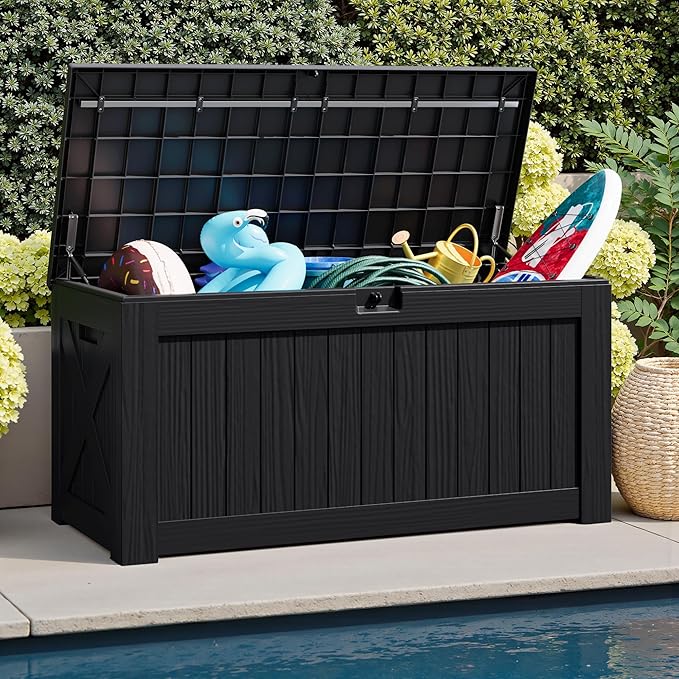 JUMMICO 120 Gallon Resin Deck Box, Large Outdoor Storage Box Waterproof & Lockable for Garden, Patio, Pools (Black) - Image 4