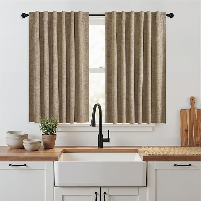 RYB HOME Burlap 100% Blackout Short Curtains 52 Width 45 inch Length, Light Blocking & Thermal Insulated Curtains for Kitchen/Small Window/Bathroom/Basement, 2 Panels by RYBHOME