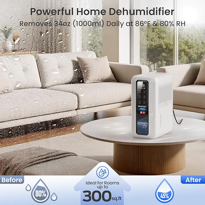 Dehumidifier for Home, Dehumidifiers for Bathroom, Bedroom, Living room, Closet with 68 OZ Water Tank, Moisture Absorbers, Auto Shut Off, Auto Humidity Control, 7 Colors LED Light, White - Image 2