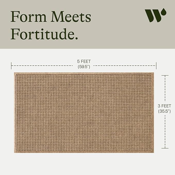 WaterHog Squares Front Door Mat Indoor Outdoor Entrance, Absorbent All-Weather Doormat with Non-Slip Rubber Backing, Dirt & Moisture Trapper, Low Profile, Easy Clean, Made in USA, 45.5"x70" Camel - Image 3