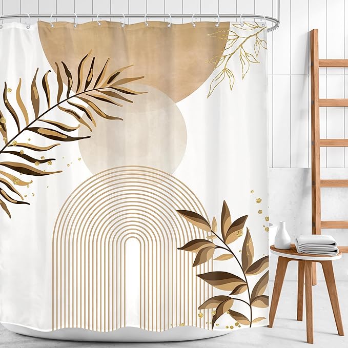 Beige Boho Shower Curtain 60Wx72H Bohemian Abstract Modern Mid Century Leaves Minimalist Contemporary Plant Cream Bathroom Decor Arch Simple Neutral Bath Curtain Fabric Polyester 12 Pack Hooks - Image 2