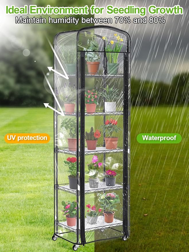 Abimars 5-Tier Mini Greenhouse with Caster Wheels, Each Shelf Height Adjustable Metal Plant Shelf with PVC Cover for Seed Starting Trays, Seedling Pots, Plant Pots, 11x16x57inch - Image 6