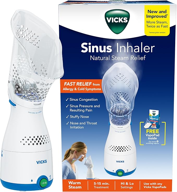 Vicks Sinus Inhaler, New & Improved Non-Medicated Steam Inhaler for Sinus Relief, Allergies, Congestion & Colds, Vocal Steamer, Soothes Nasal & Throat Passages, Works with VapoPads (1 Included) by VicksDevices