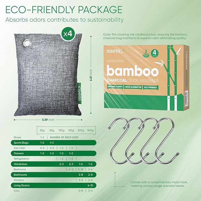 Activated Charcoal Odor Absorber,Large 4x200g w Hooks Nature Odor Eliminator for Strong Odor,Bamboo Charcoal Air Purifying Bags,Moisture Absorbers for Fresh Home Car Closet Pet,Smoke Smell Deodorizer - Image 9