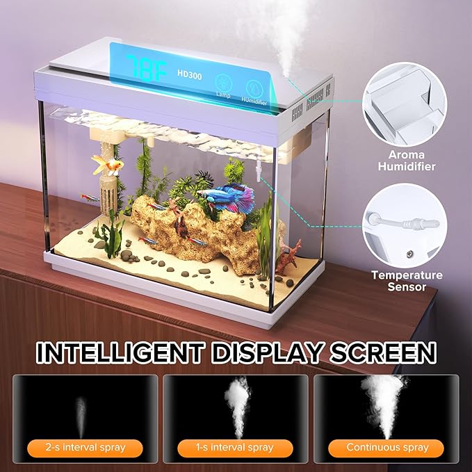 Fish Tank 2.4 Gallon Aquarium Kit with Humidifier 7-Color Auto-Looping 3 in 1 Quiet Pump with Filteration & Oxygenation & Circulation, Temperature Display, HD Glass - Image 4