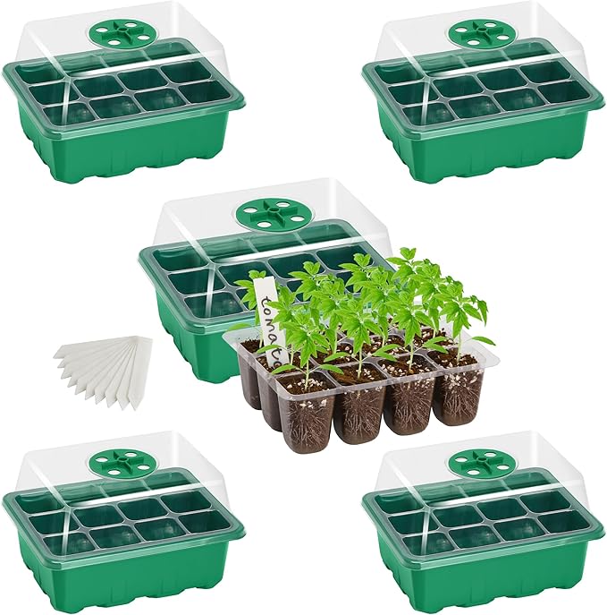 Bonviee 5-Pack Seed Starter Trays, Seed Starter Kit with Adjustable Humidity Dome and Base Indoor Greenhouse Mini Propagator for Seeds Growing Starting (12 Cells Per Tray, Green) by BonvieeDirect