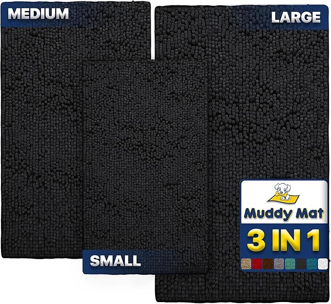 Muddy Mat® Pack of 3 Highly Absorbent Microfiber Dog Door Mat and Pet Rug, Non Slip Thick Washable Area Mat Soft Chenille for Kitchen Bathroom Bedroom and Outdoor - Black Small, Medium & Large by MuddyMat%C2%AE