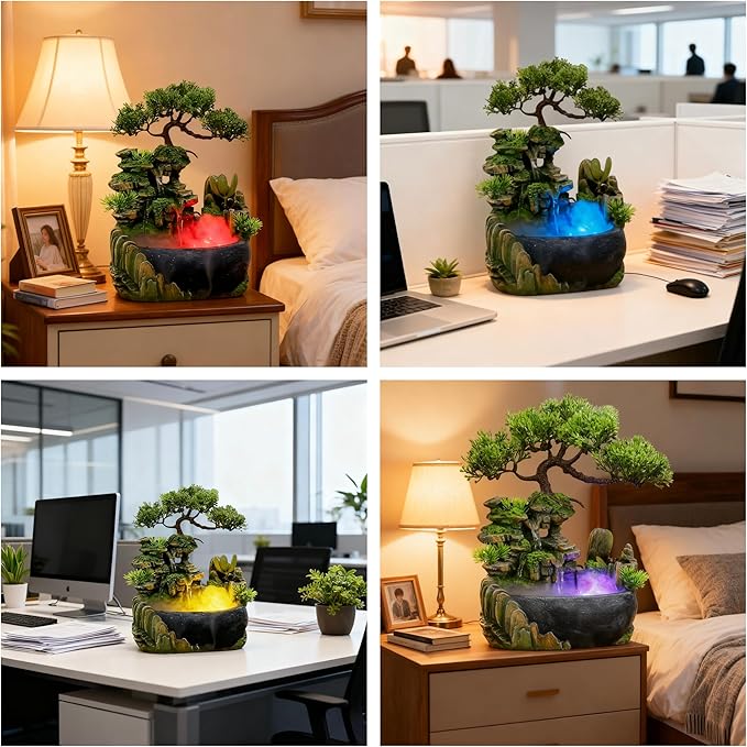 Tabletop Rockery Fountain Indoor Waterfall Bonsai Desktop Mini Rockery Water Fountain with Automatic Pump and LED Light, Home Office Bedroom Humidifier Desk Decorate (Style 1) - Image 3
