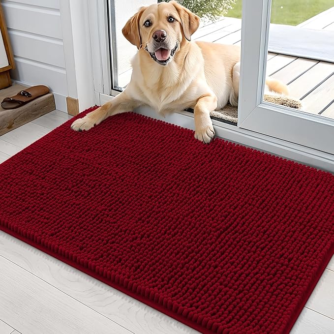OLANLY Dog Door Mat for Muddy Paws 36x24, Absorbs Moisture and Dirt, Absorbent Non-Slip Washable Doormat, Quick Dry Chenille Mud Mat for Dogs, Entry Indoor Entryway Carpet for Inside Floor, Red by OLANLY
