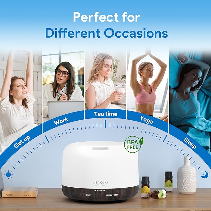 ASAKUKI Essential Oil Diffuser 500ml, Ultrasonic Aromatherapy Humidifier with Remote Control, 7 LED Colors, Timer & Auto-Off, Large Room Diffuser (Dark Brown) - Image 5
