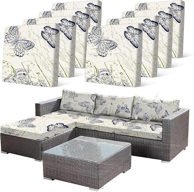 8pcs Outdoor Printed Sofa Seat Cushion Covers Strechable, Waterproof Elastic Half-Covered Sofa Covers Washable Reusable Patio Furniture Protector（Butterlfy, Cover Only） by CALBODE