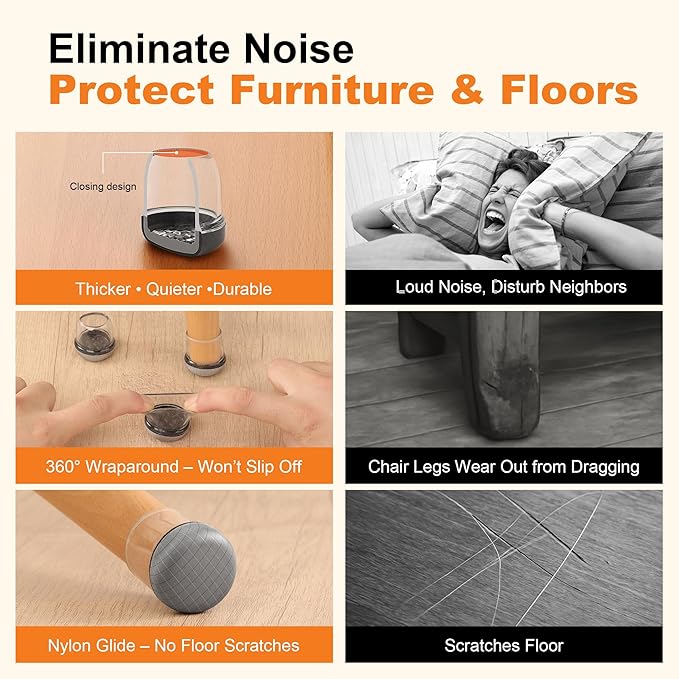 Chair Leg Floor Protectors for Hardwood Floors – Smooth Nylon Base Won’t Trap Cat or Dog Hair, Clear Silicone Caps No Scratch & Silent on Carpet & Tile (16 Pack, Fits 1" to 1-1/8") - Image 8