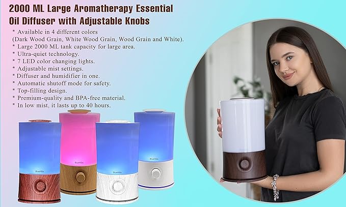 BlueHills Premium 2000 ML XL Large Essential Oil Diffuser Aromatherapy Humidifier for Large Room Home 40 Hour Run Huge Coverage Area Lights 2 Liter Extra Large Capacity Diffuser White Wood Grain E004 - Image 9