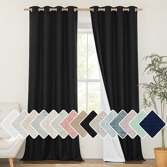 NICETOWN Black Out Linen Curtains, Complete Blackout Shades for Large Window Door, 100% Blackout Window Curtain Panels with White Lined, 52 inches Width Each Panel, 95 inches Length, 2 Pieces by NICETOWN
