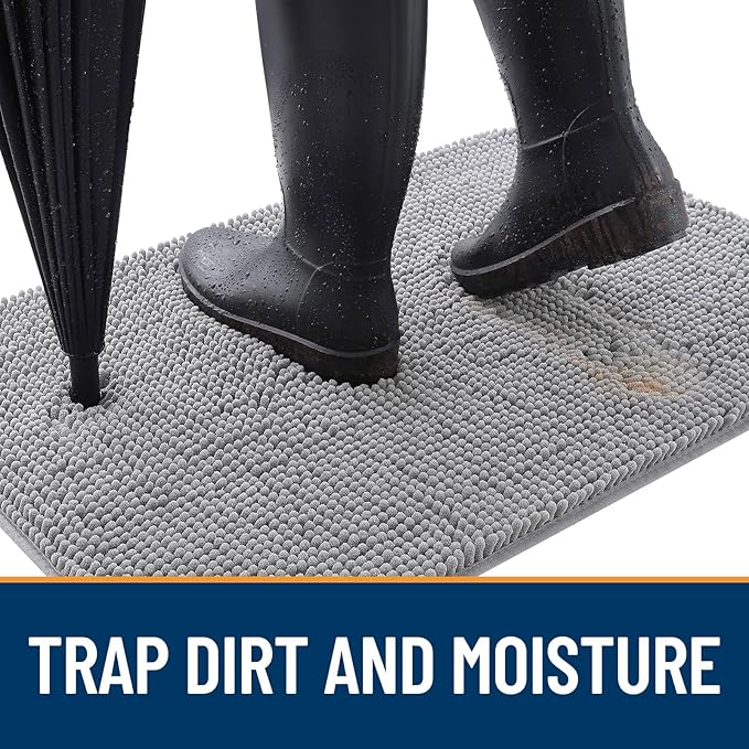 OLANLY Dog Door Mat for Muddy Paws 47x17, Absorbs Moisture and Dirt, Absorbent Non-Slip Washable Doormat, Quick Dry Chenille Mud Mat for Dogs, Entry Indoor Entryway Carpet for Inside Floor, Light Grey - Image 2