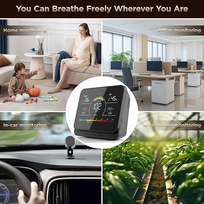 Xoopon Professional 13-in-1 Indoor Air Quality Monitor 6AQI with Alert and Buzzers PM1.0 |PM2.5 |PM10 |HCHO |CO2 |Humidity |Temperature, Portable Easy to Use for Car Office (Black) - Image 9