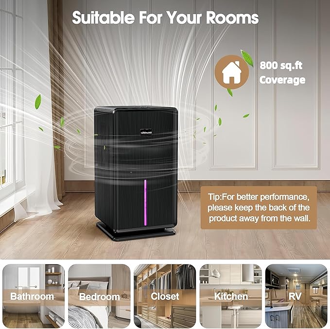 Dehumidifiers for Home, Upgraded 101OZ Dehumidifier (800 sq.ft), Quiet Dehumidifier for Basement, Bedroom, Bathroom, RV, Closet with Auto-off, Sleep Mode, 7 Colorful LED Light, Small Portable, Black - Image 7