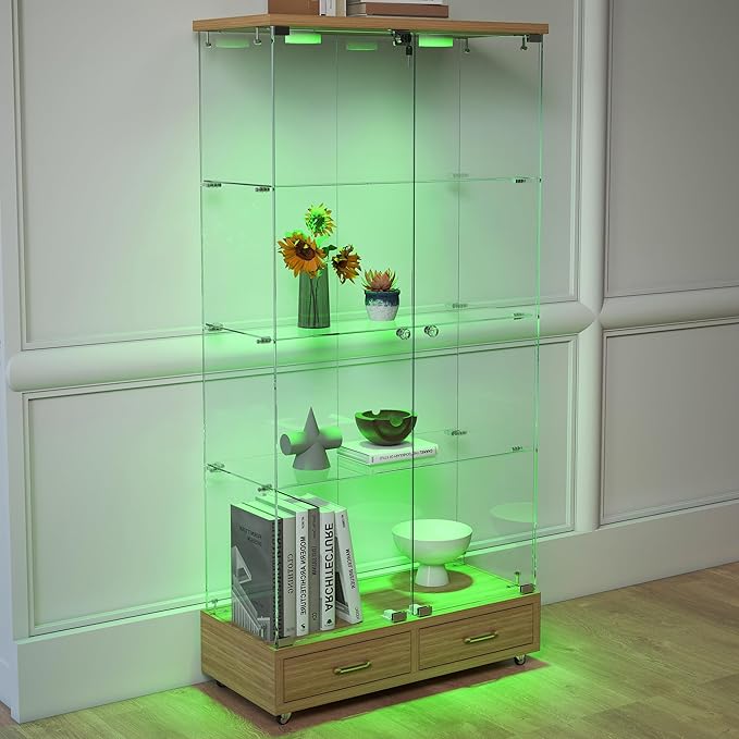 Yoluckea 4 Tier Glass Display Cabinet with LED Lighting and 2 Drawers, 2 Doors Floor Standing Curio Cabinet with Wheel for Home, Office,Corner Display,Natural Glass Bookshelf for Collections and Decor - Image 9