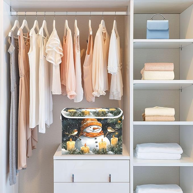 xigua Watercolor Snowman Storage Bins with Lids and Carrying Handle,Foldable Storage Boxes Organizer Containers Baskets Cube with Cover for Home Bedroom Closet Office Nursery - Image 6