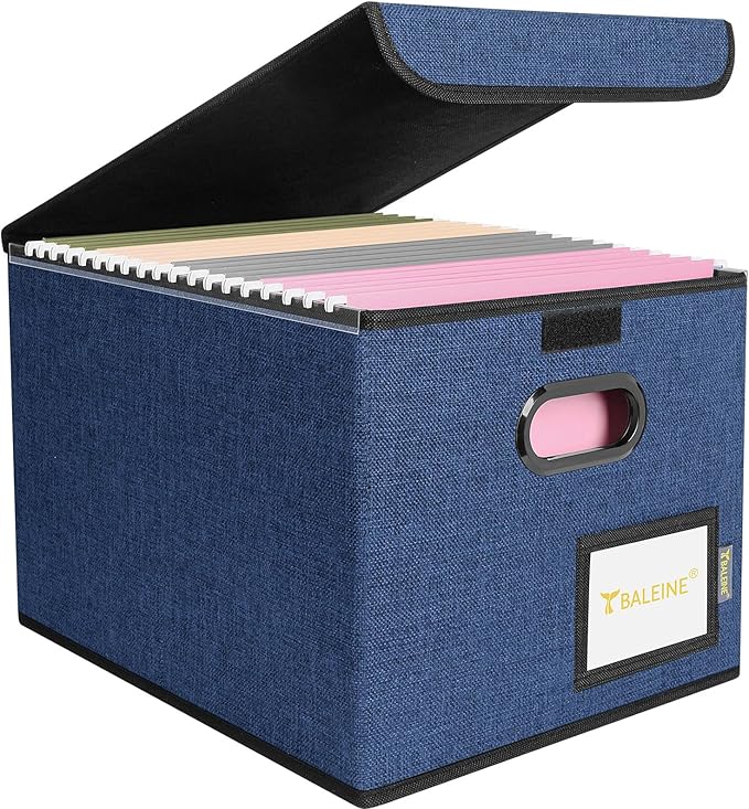 BALEINE File Organizer Box with Lid, Collapsible File Folder Organizer with Plastic Slide, Hanging File Folder Box for Office Document Storage (1 Pack, Blue) by BALEINE