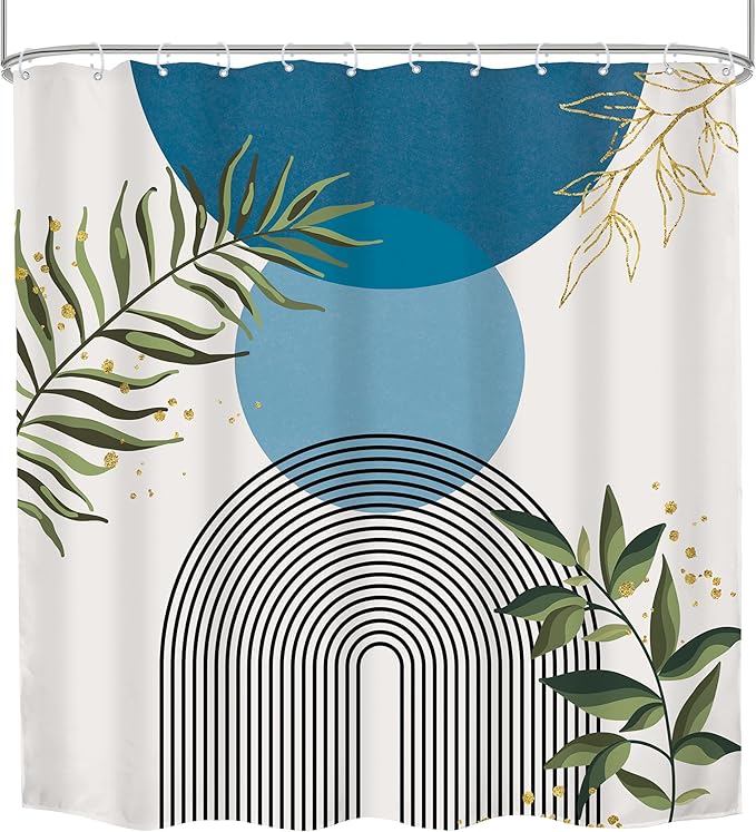 Blue Boho Modern Shower Curtain 72Wx72H Mid Century Abstract Gold Green Leaves Sun Arch Minimalist Geometric Aesthetic Plant Bathroom Decor Neutral Bath Curtain Fabric Polyester 12 Pack Hooks - Image 7