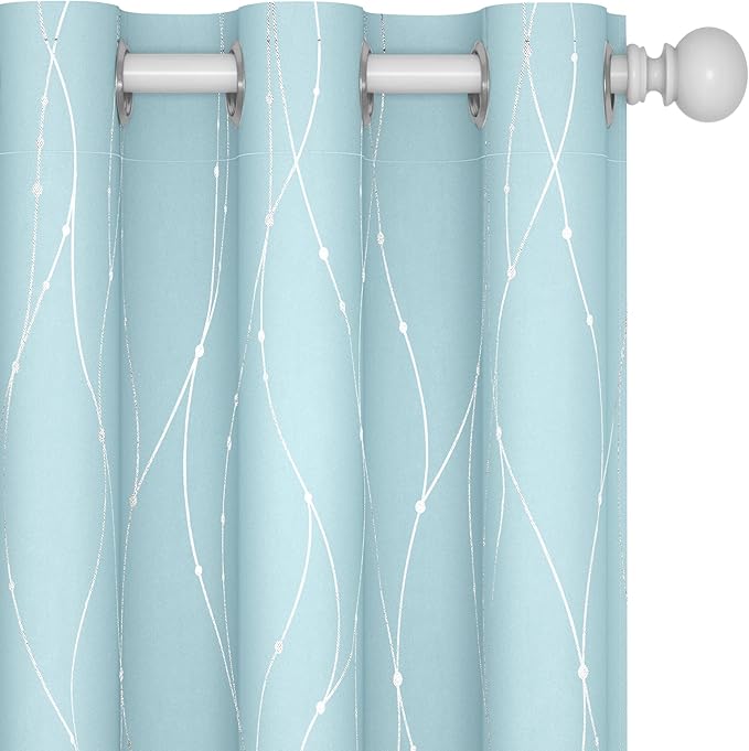 Deconovo Blackout Curtains, Thermal Insulated Soundproof Grommet Drapes, Wave Dot Foil Print, 42 x 72 Inch, Set of 2, Machine Washable Window Panel for Bedroom Living Room Nursery Kitchen, Light Blue by Deconovo