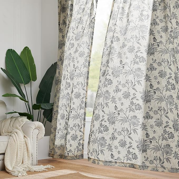 jinchan Linen Floral Curtains for Living Room with Printed Flower 63 Inches Long Light Filtering French Country Back Tab Rod Pocket Black Window Curtain Set Farmhouse Drapes 2 Panels Black - Image 7