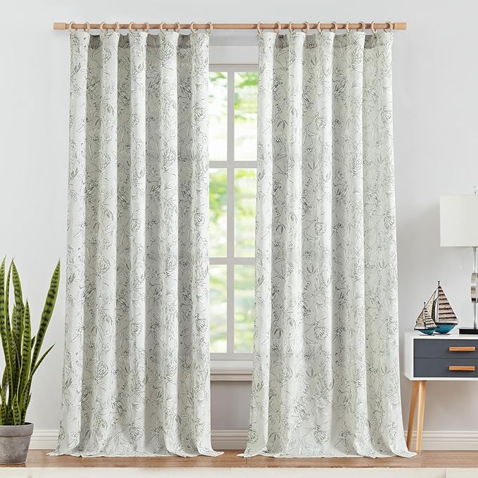 jinchan Floral Curtains 108 Inch Length Charcoal Grey Flower Linen Farmhouse Curtain for Living Room French Country Vintage Curtain Rod Pocket Curtains Set 2 Panels Gray Floral Printed - Image 2