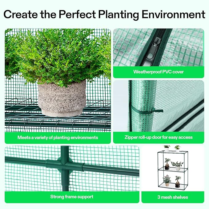 VIVOSUN Lean-to Greenhouse, 6.6’ x 3.3’ x 6.9’ Portable Wall House with Green PE Cover and Shelf for Compact Garden 79x39x83-Inch - Image 4