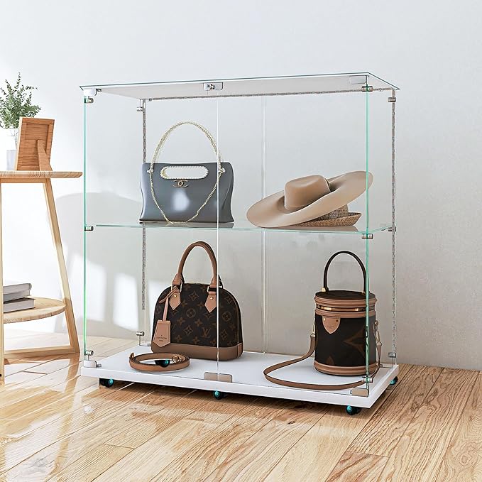 Yoluckea 2 Tiers Glass Display Cabinet with Bluetooth LED Light Strip, 2 Doors Floor Standing Curio Cabinet with Universal Wheel for Home, White Glass Bookshelf for Collections, Clear Top - Image 6