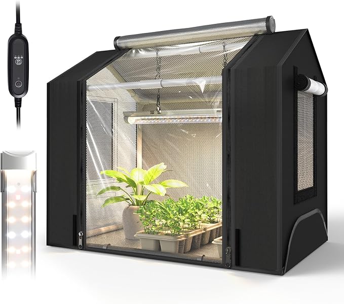 Bstrip Indoor Greenhouse with Grow Light, Mini Grow Tent with Oxford Fabric, Waterproof Base Mat&Ventilation Window for Seed Starting&Plant Growth, 18W Grow Light with Timer, 23.8"x15.7"x20.5" by Bstrip