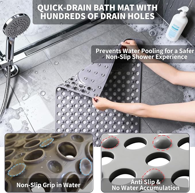 Bath Tub Shower Mat with Soft Shower Foot Scrubber Mat for Massage,Non Slip Bathtub Mat with Strong Suction Cups, Silicone Shower Foot Scrubber Mat (Gray, 31.5" X 19.7"(Rectangular)) - Image 3