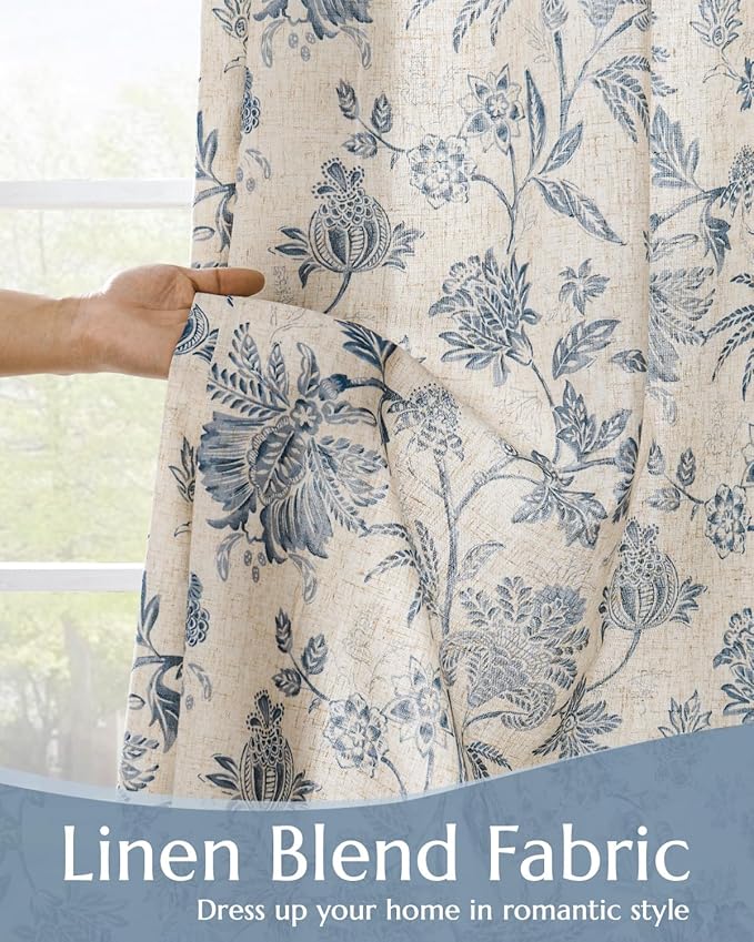 jinchan Lined Linen Floral Curtains for Living Room, 84 Inch Length Printed Flower Farmhouse Patterned French Country Back Tab Blue Window Drapes Set Privacy Bedroom Curtains, 2 Panels - Image 2