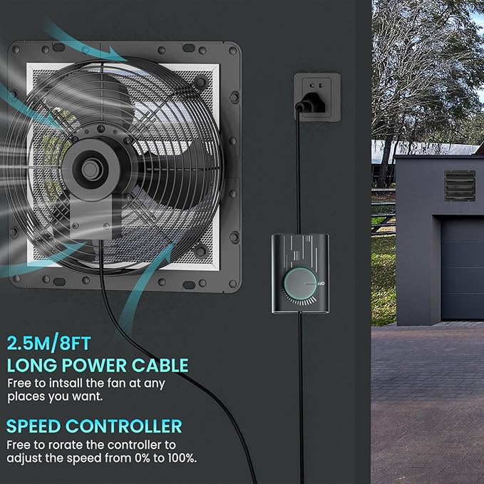 HG Power 14 Inch Shutter Exhaust Fan, 882CFM High-Speed Vent Fan, 1400RPM Wall Mounted Attic Fan with Steel for Shed, Garage, Greenhouse Ventilation, Black - Image 6