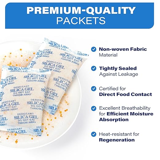 LotFancy Silica Gel Packets, 100 Gram 7 Packs Rechargeable Desiccant Dehumidifiers Packets, Moisture Absorber Drying Bag with Orange Indicator, Non-Toxic, Odorless - Image 6