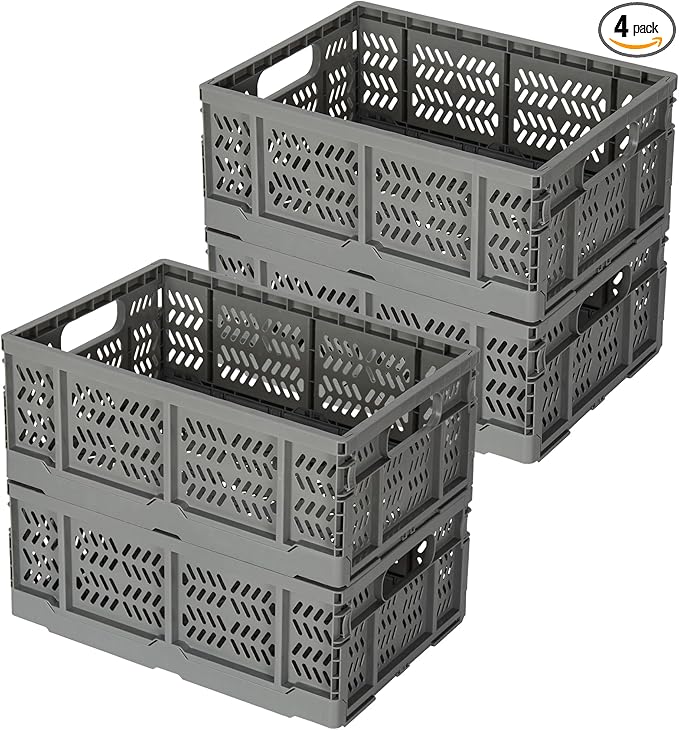 Heavy Duty Plastic Milk Crates for Storage, 4-Pack Stackable Storage Bins for Organizing, Collapsible Storage Basket with Handle for Groceries, Suitable for Home Office School Store, Gray by PAG-Mass