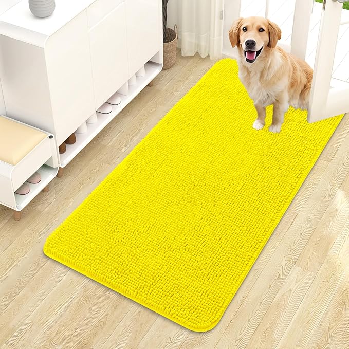 OLANLY Dog Door Mat for Muddy Paws 44x24, Absorbs Moisture and Dirt, Absorbent Non-Slip Washable Doormat, Quick Dry Chenille Mud Mat, Entry Indoor Entryway Carpet for Inside Floor, Lemon Yellow by OLANLY