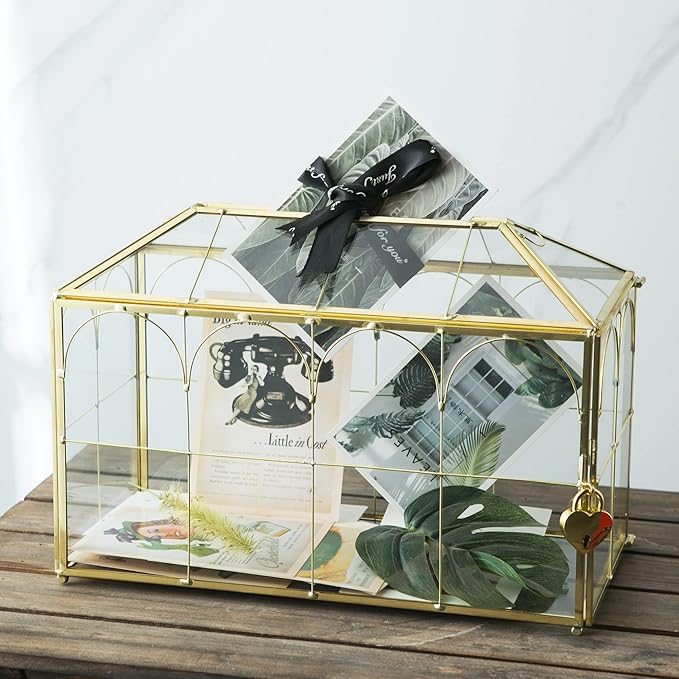 Glass Wedding Card Box with Slot, 12.6 inch Large Clear Card Box Gold Brass Gift Card Storage Box with Lock for Wedding Receptions, Baby Shower, Birthday Party, Bridal Shower by Giadun