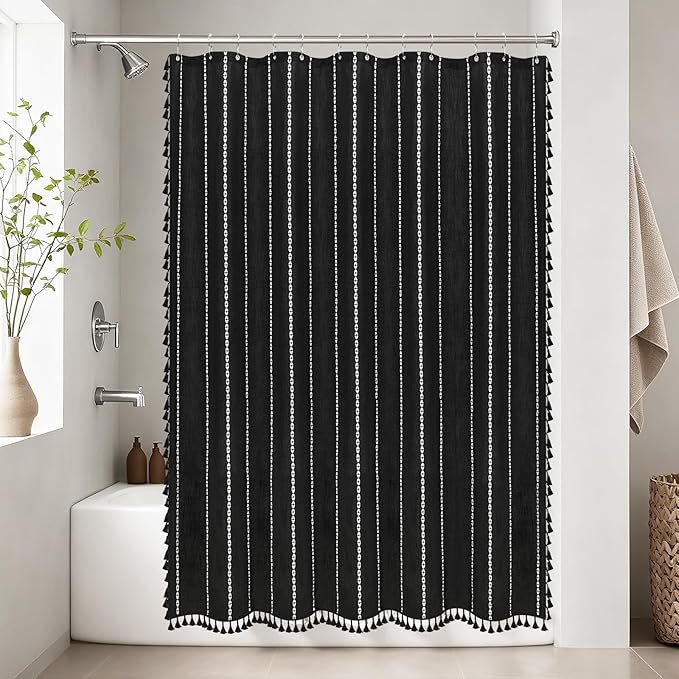 Country Farmhouse Shower Curtain Heavyweight with Tassels, Soft Linen Textured Thick Fabric Shower Curtain Black White Striped, 72 x 72 Inch Vintage Boho Bathroom Shower Curtain Water Repellent - Image 6