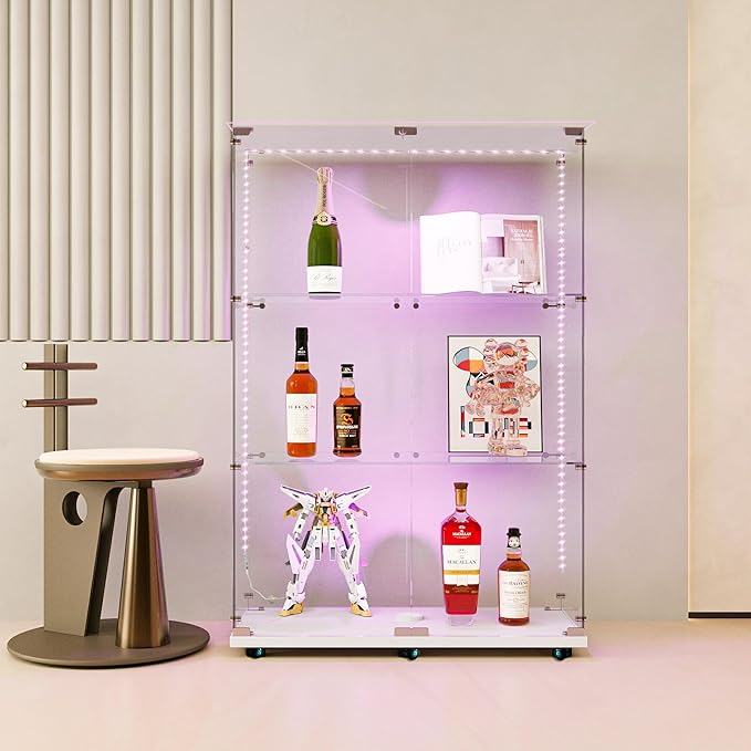 Yoluckea 3 Tiers Glass Display Cabinet with Bluetooth LED Light Strip, 2 Doors Floor Standing Curio Cabinet with Universal Wheel for Home, White Glass Bookshelf for Collections, Clear Top - Image 9