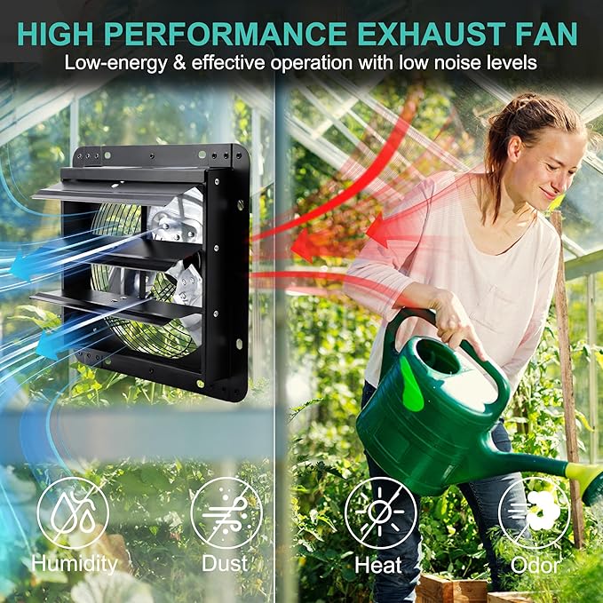 14 Inch Wall Mounted Shutter Exhaust Fan with Thermostat and Speed Controller for Attic, Greenhouse, Shed, Garage, Chicken Coop, Shop, Barn Ventilation, 1088 CFM High Power Louvered Vent Fan - Image 3